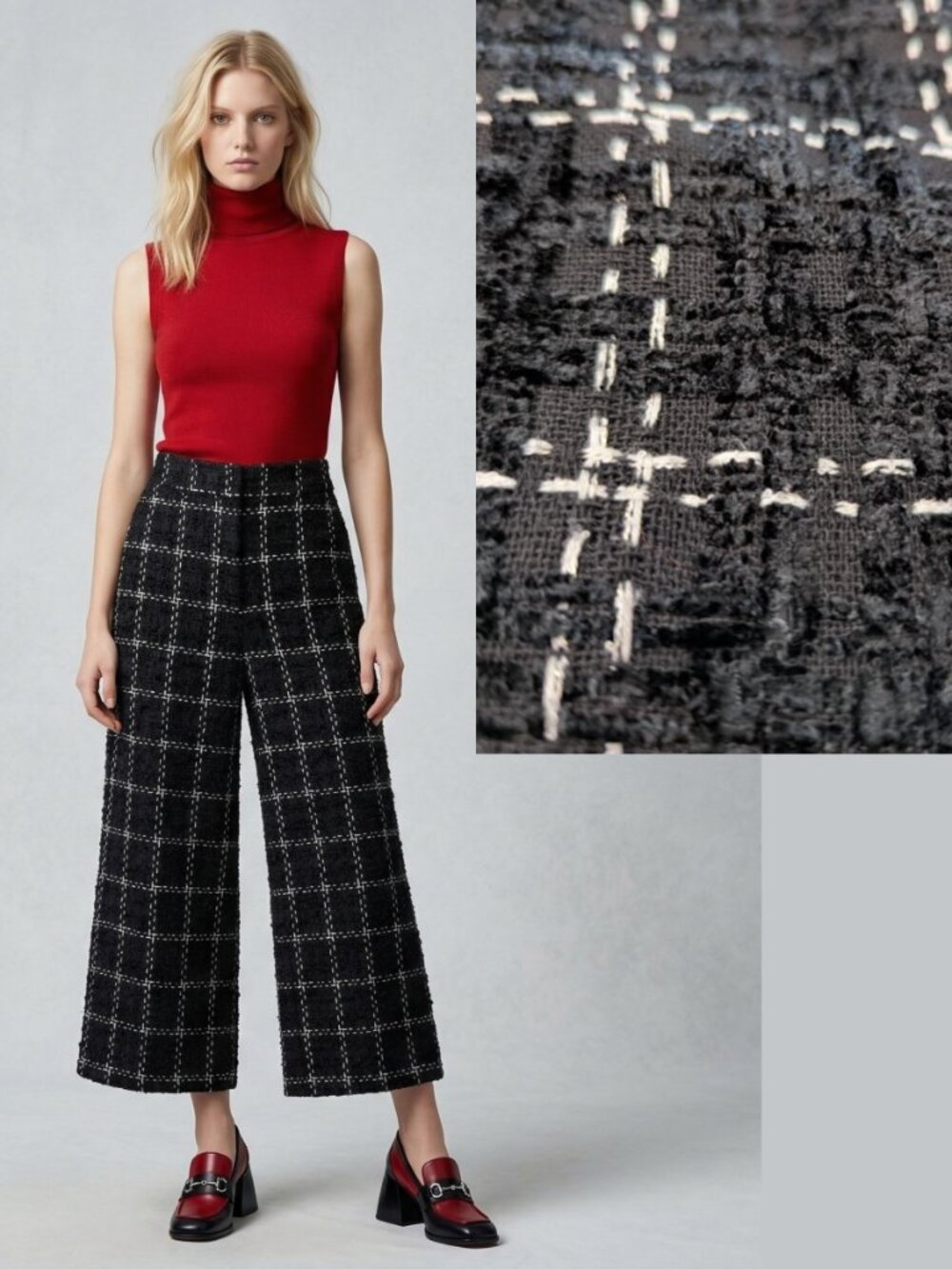Plaid Smart Casual Boucle Culottes Black White Wide-Leg Cropped Pants